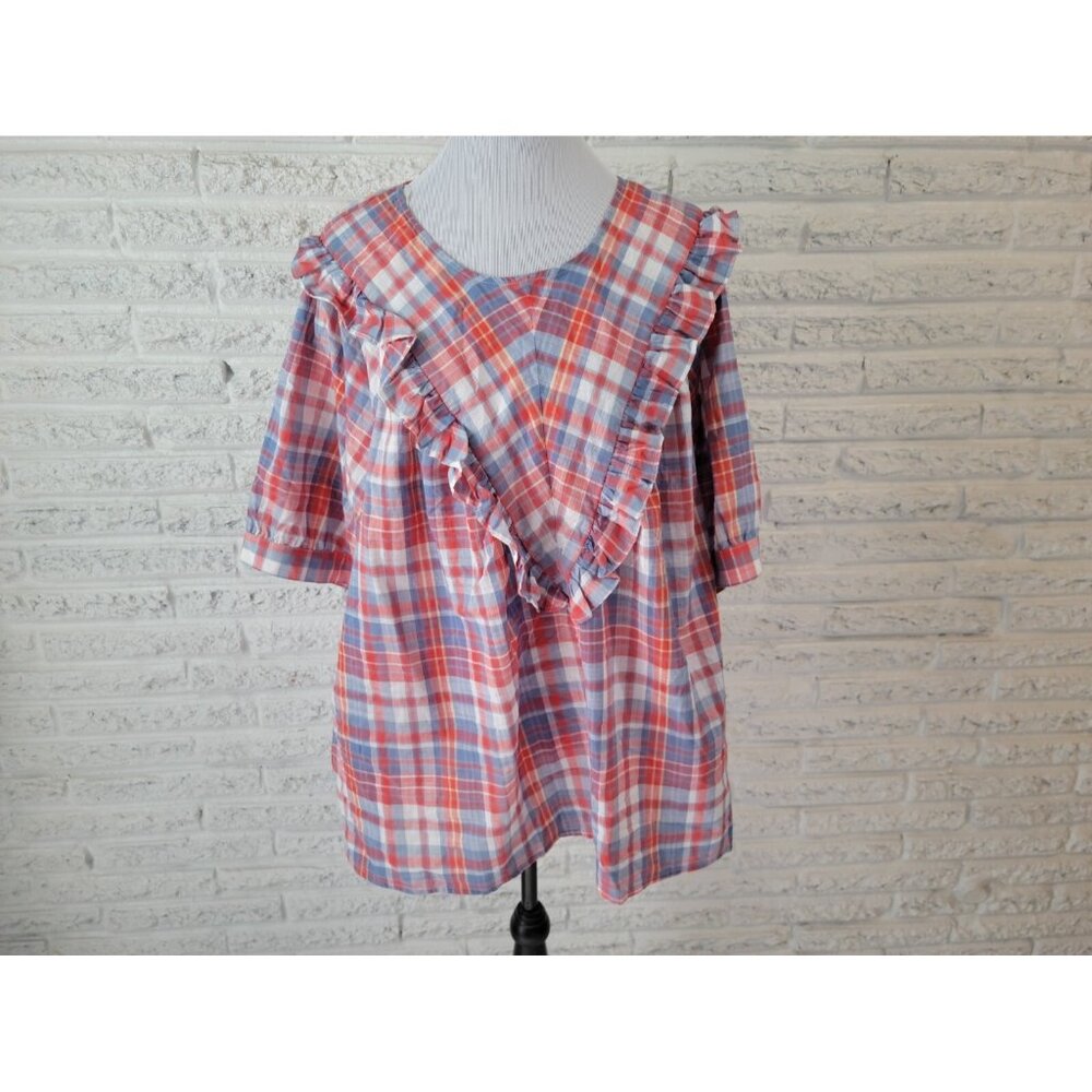 Terra Sky Womens Top 4X Plus Short Sleeve Red Plaid Polyester Ruffle PLA81E